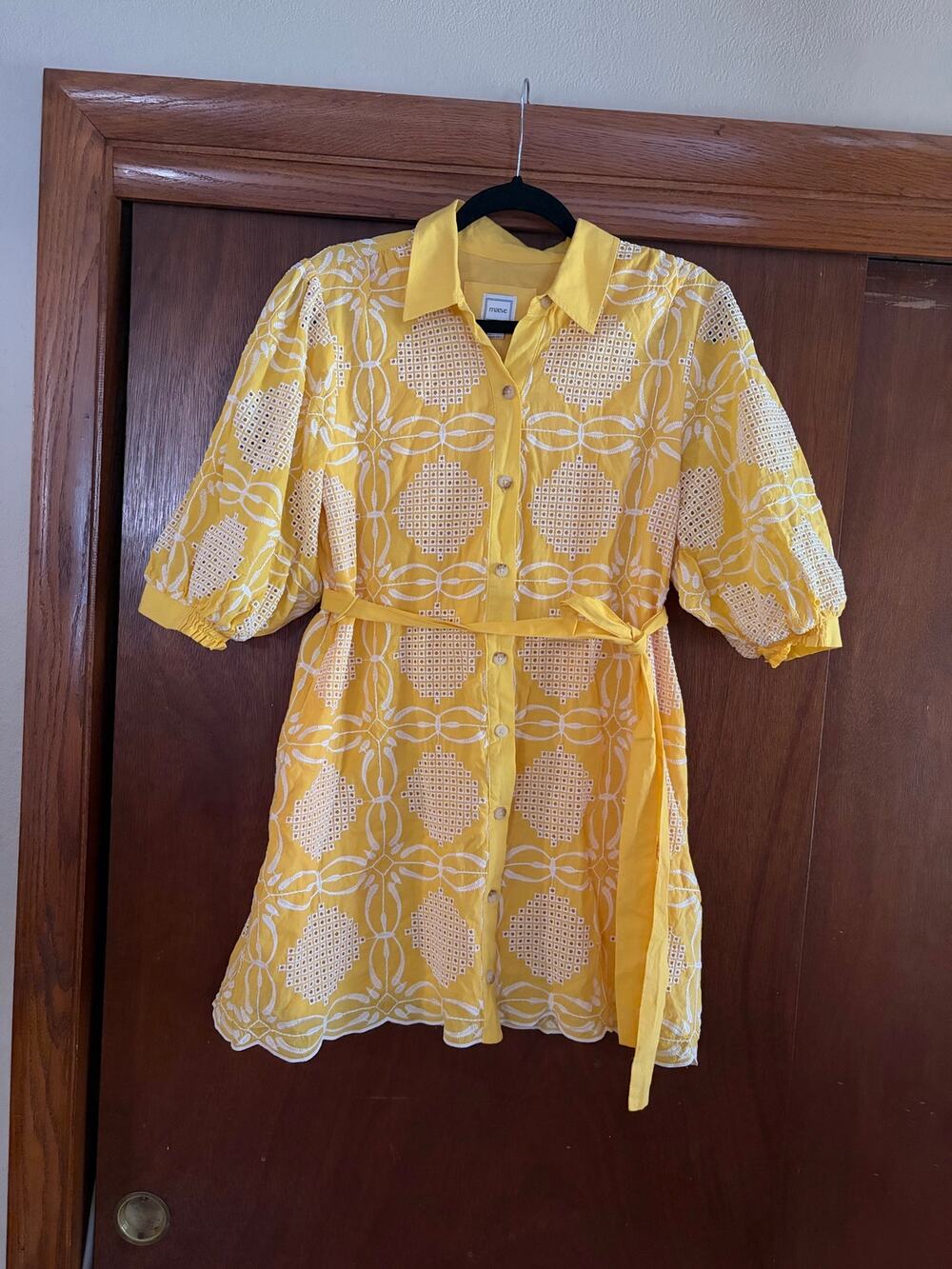 Maeve Anthropologie Yellow Embroidered Shirt Dress Belted Lined Size Small
